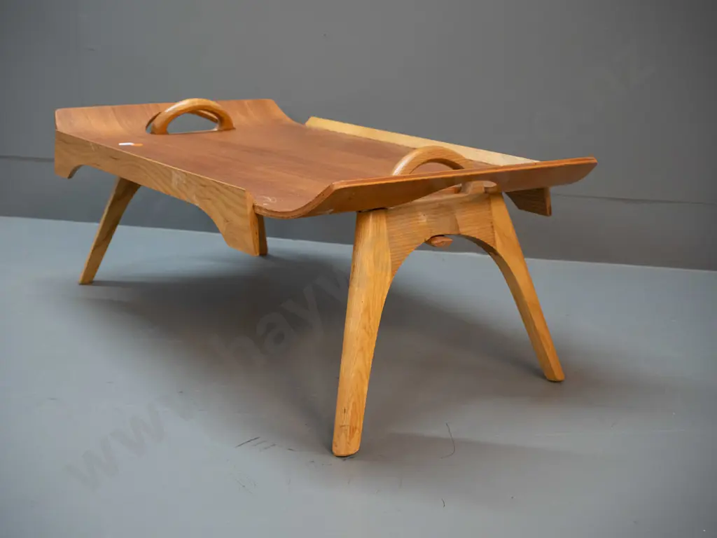 laminated timber collapsible bed tray - Presscraft NZ sticker on underside - with legs down H-230 W-580 D-370. Some pen Image 1++