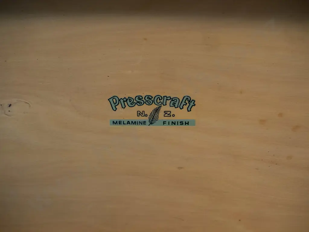 laminated timber collapsible bed tray - Presscraft NZ sticker on underside - with legs down H-230 W-580 D-370. Some pen Image 1++