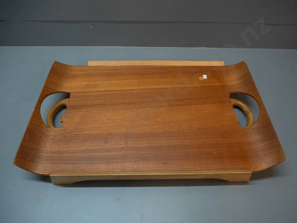 laminated timber collapsible bed tray - Presscraft NZ sticker on underside - with legs down H-230 W-580 D-370. Some pen Image 1++