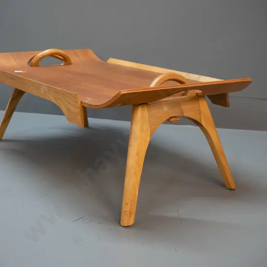 laminated timber collapsible bed tray - Presscraft NZ sticker on underside - with legs down H-230 W-580 D-370. Some pen