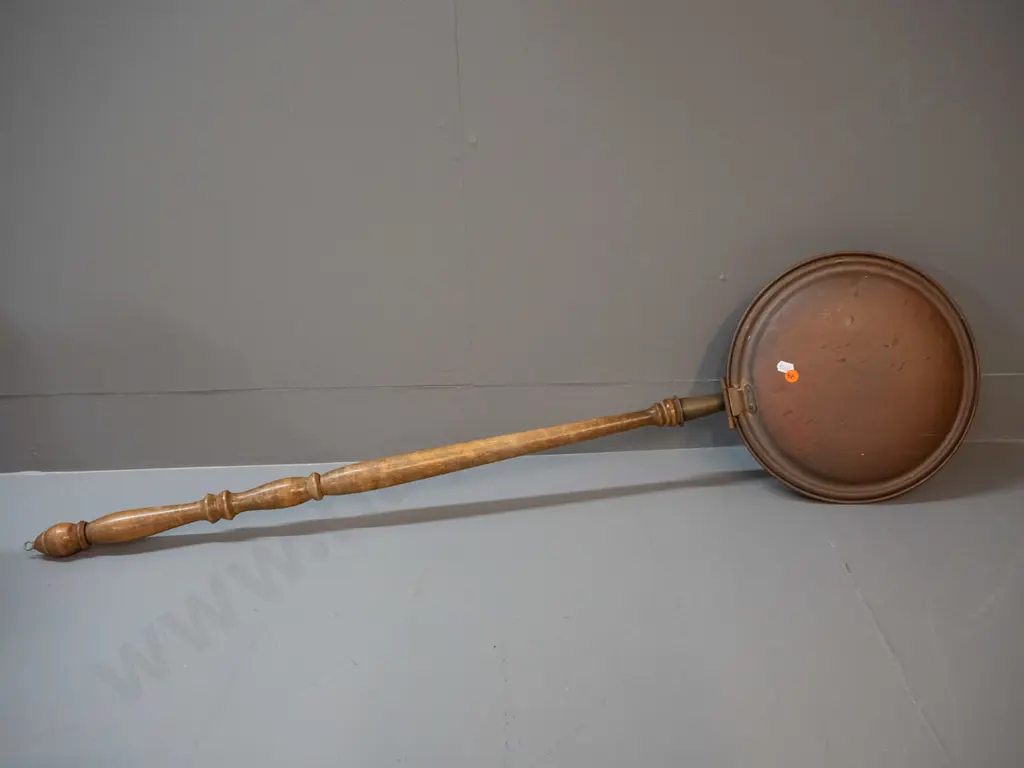 copper bed warmer pan with brass fittings, long timber handle L-1040 Pan D-280 Image 1++