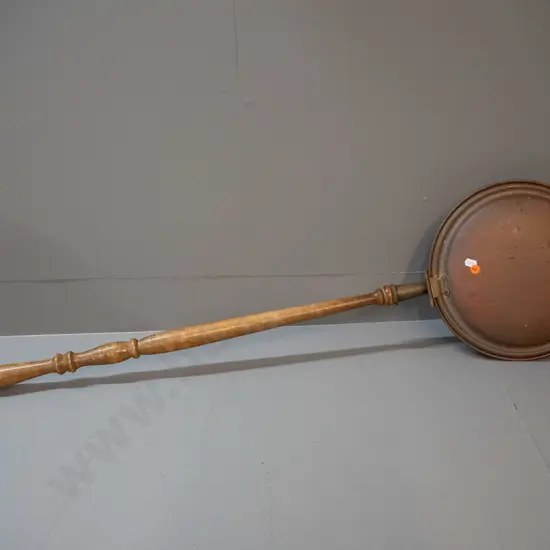 copper bed warmer pan with brass fittings, long timber handle L-1040 Pan D-280