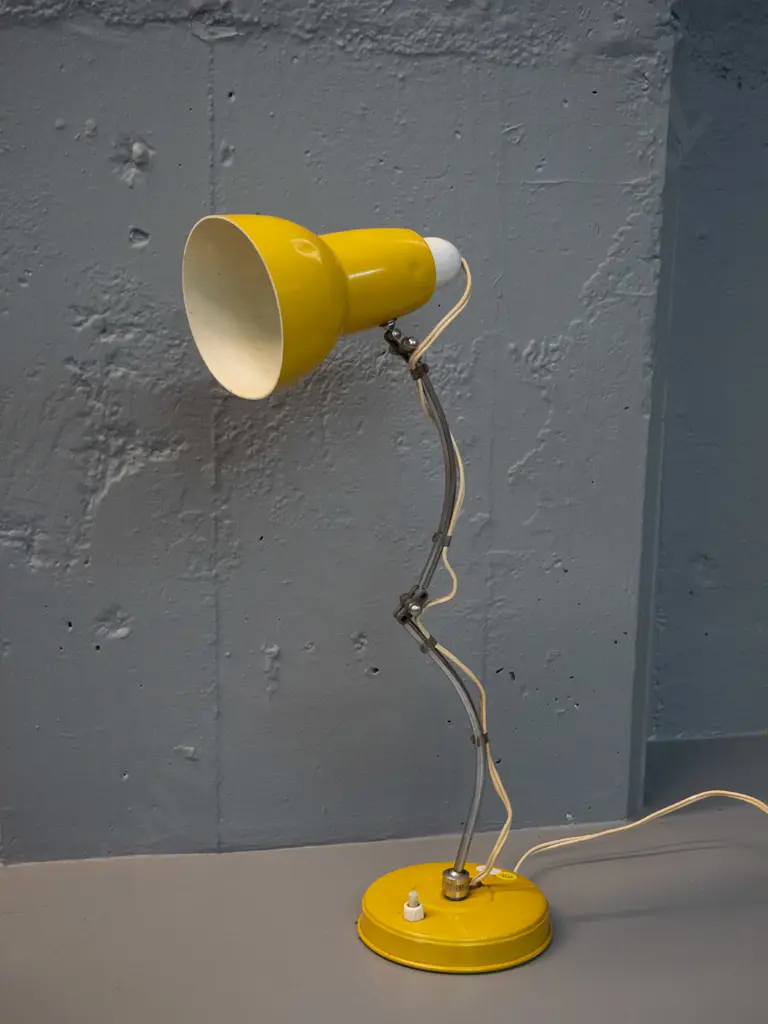 vintage desk / table lamp with adjustable curved chrome stand, yellow painted shade and base - some corrosion to metal Image 1++