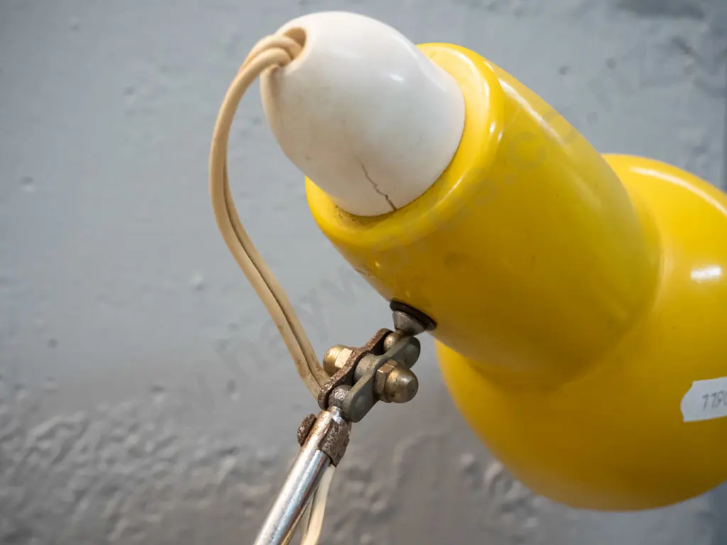 vintage desk / table lamp with adjustable curved chrome stand, yellow painted shade and base - some corrosion to metal Image 1++