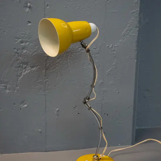 vintage desk / table lamp with adjustable curved chrome stand, yellow painted shade and base - some corrosion to metal