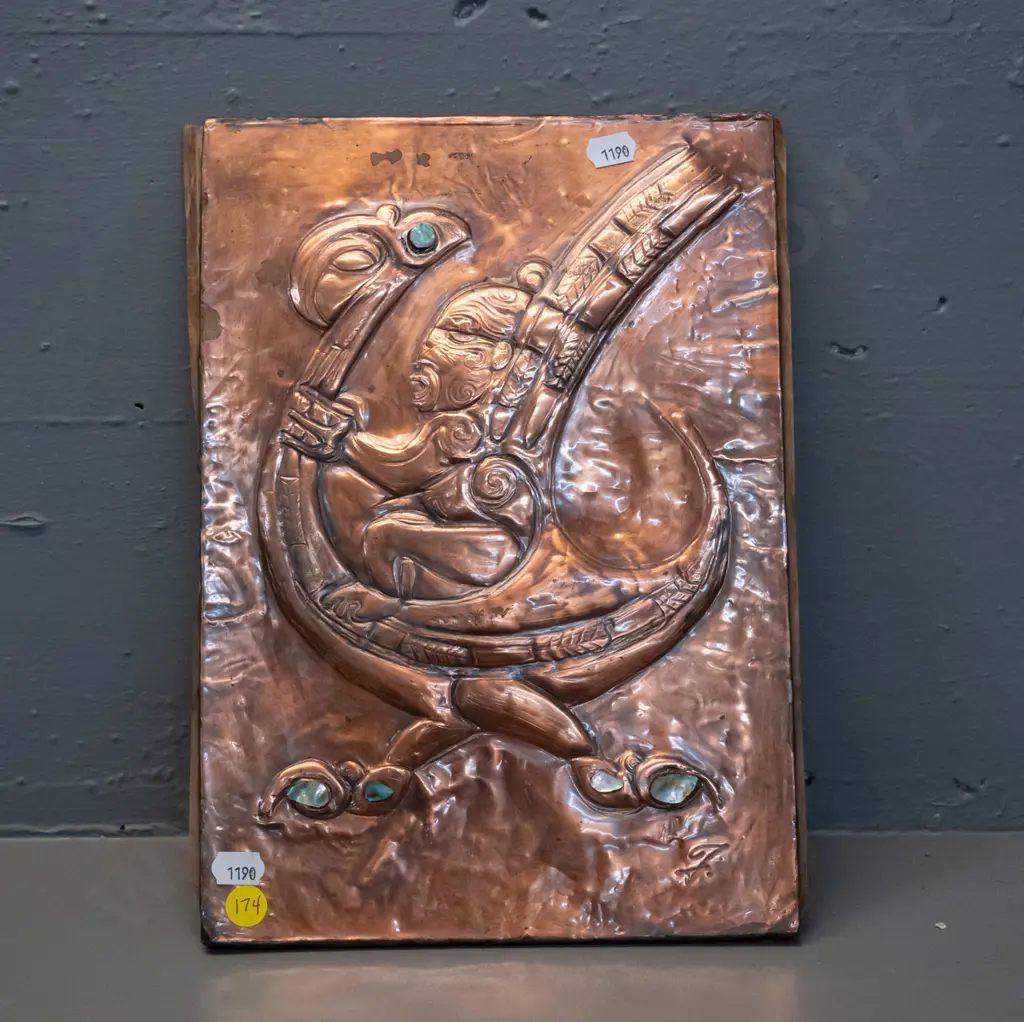 pressed copper art work with figure riding moa, with paua inserts H-290 W-210 Image 1++