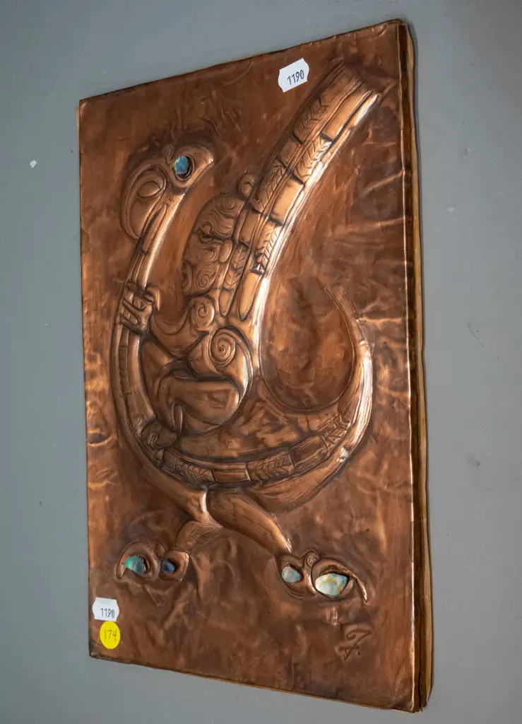 pressed copper art work with figure riding moa, with paua inserts H-290 W-210 Image 1++