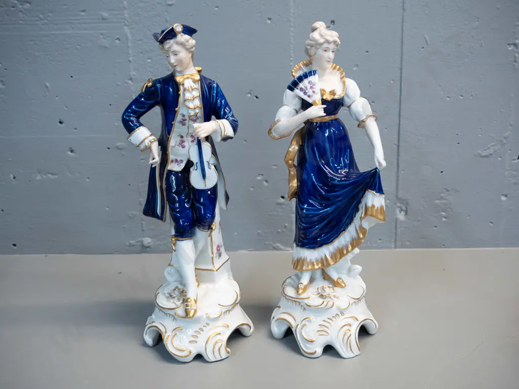 pair of (German?) romance style figurines marked KPM - cobalt blue, gold, white and pink floral decoration H-330 Image 1++