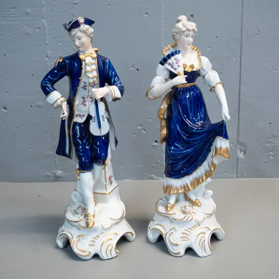 pair of (German?) romance style figurines marked KPM - cobalt blue, gold, white and pink floral decoration H-330