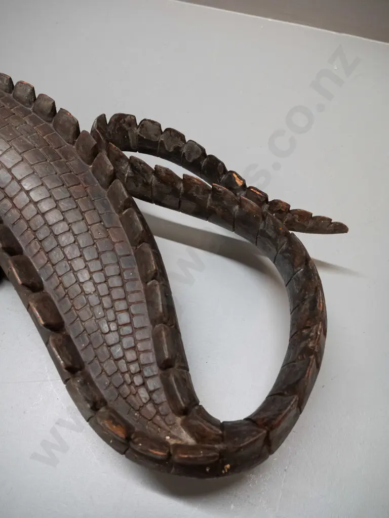 large carved timber crocodile with cowrie shell eye inserts - some chips and wear L-1070 W-250 at widest Image 1++