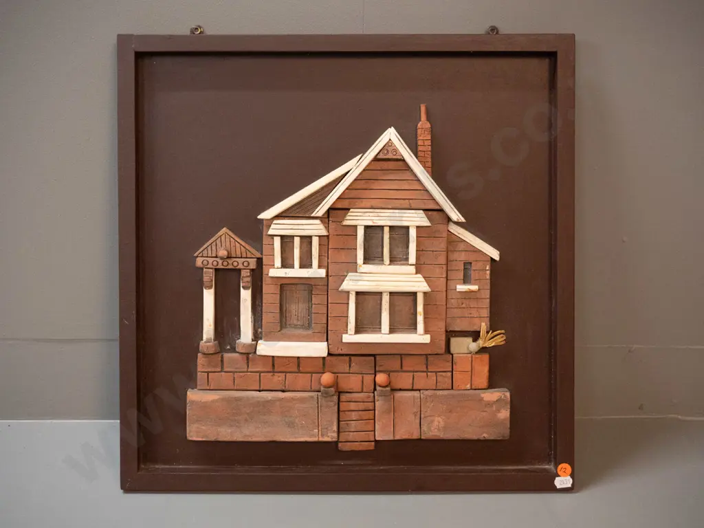 ceramic relief wall art in wooden frame - house with fence etc, made by Harold Tyrie, Dunedin H460 W460 Image 1++