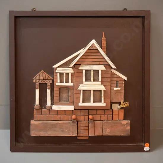ceramic relief wall art in wooden frame - house with fence etc, made by Harold Tyrie, Dunedin H460 W460