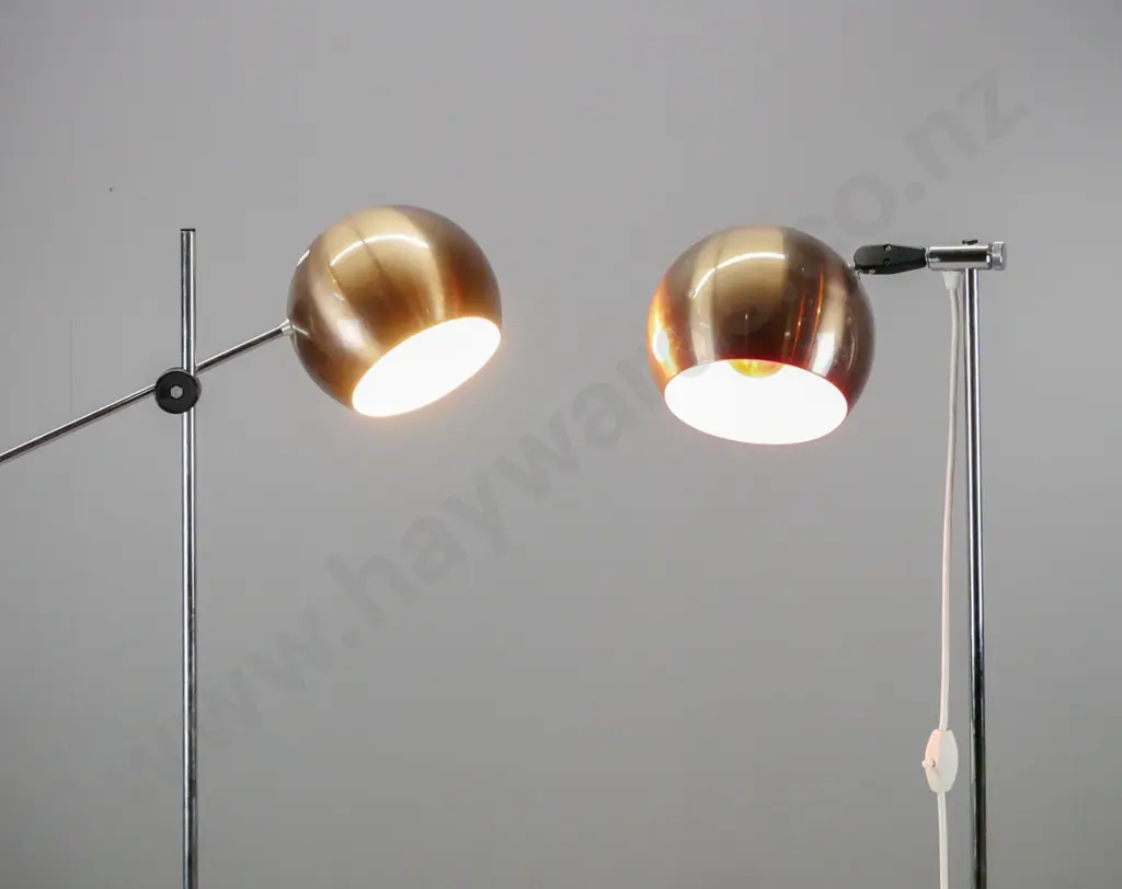 2 retro standard lamps, chrome base and copper finish aluminium, one has adjustable side arm, both with dents to base, Image 1++