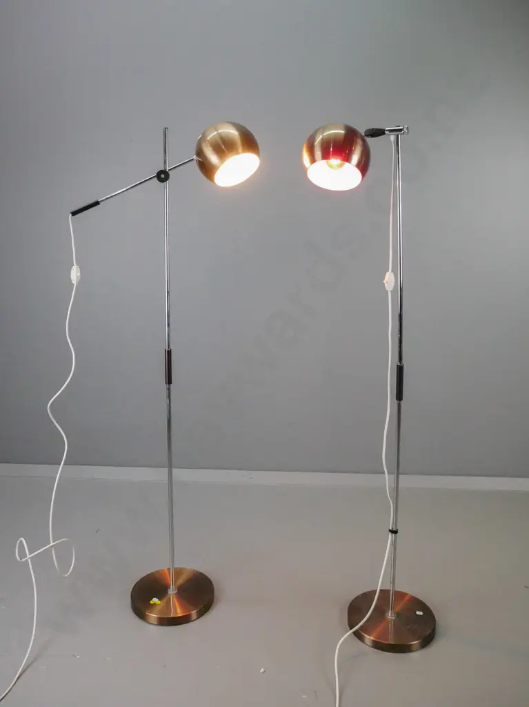 2 retro standard lamps, chrome base and copper finish aluminium, one has adjustable side arm, both with dents to base, Image 1++