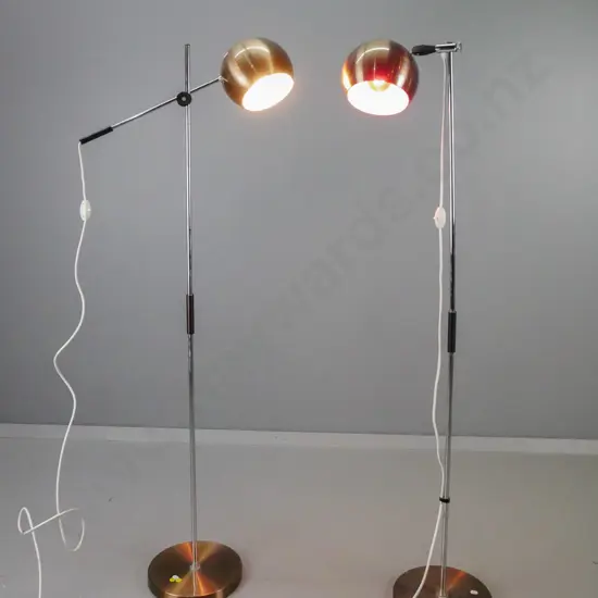 2 retro standard lamps, chrome base and copper finish aluminium, one has adjustable side arm, both with dents to base,