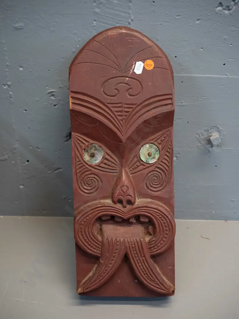carved and painted timber Maori motif wall panel with paua inset eyes - some chips and wear to paint, no hanger H-410 Image 1++