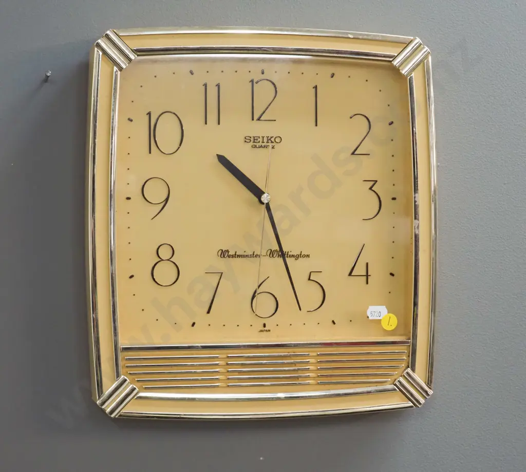 retro Seiko Quartz plastic-cased wall clock, electronic Westminster-Whittington chime, minor wear to silver trim finish Image 1++