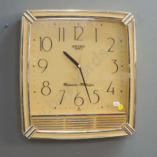 retro Seiko Quartz plastic-cased wall clock, electronic Westminster-Whittington chime, minor wear to silver trim finish