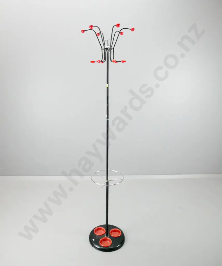 retro black and chrome umbrella / coat stand, red plastic knobs and drip cups, one of the 6 arms slightly loose H-1670 Image 1++