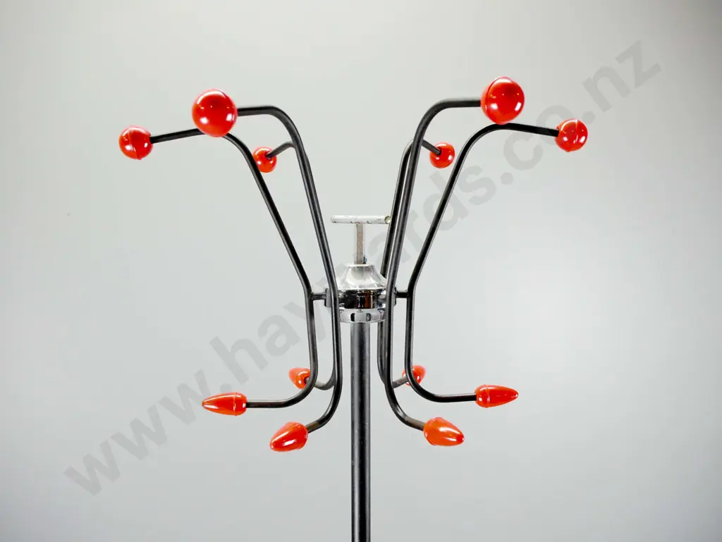 retro black and chrome umbrella / coat stand, red plastic knobs and drip cups, one of the 6 arms slightly loose H-1670 Image 1++