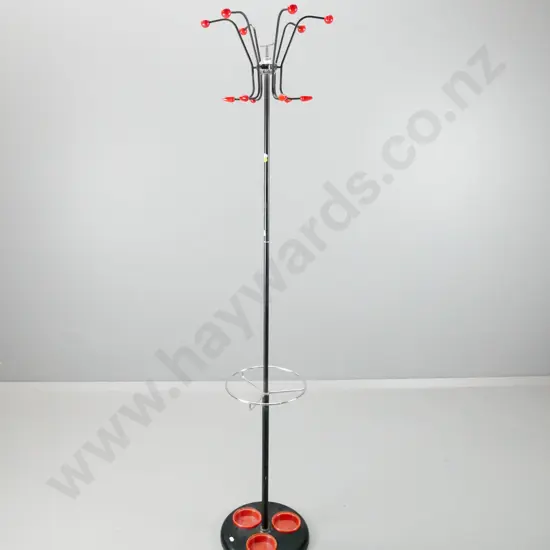 retro black and chrome umbrella / coat stand, red plastic knobs and drip cups, one of the 6 arms slightly loose H-1670