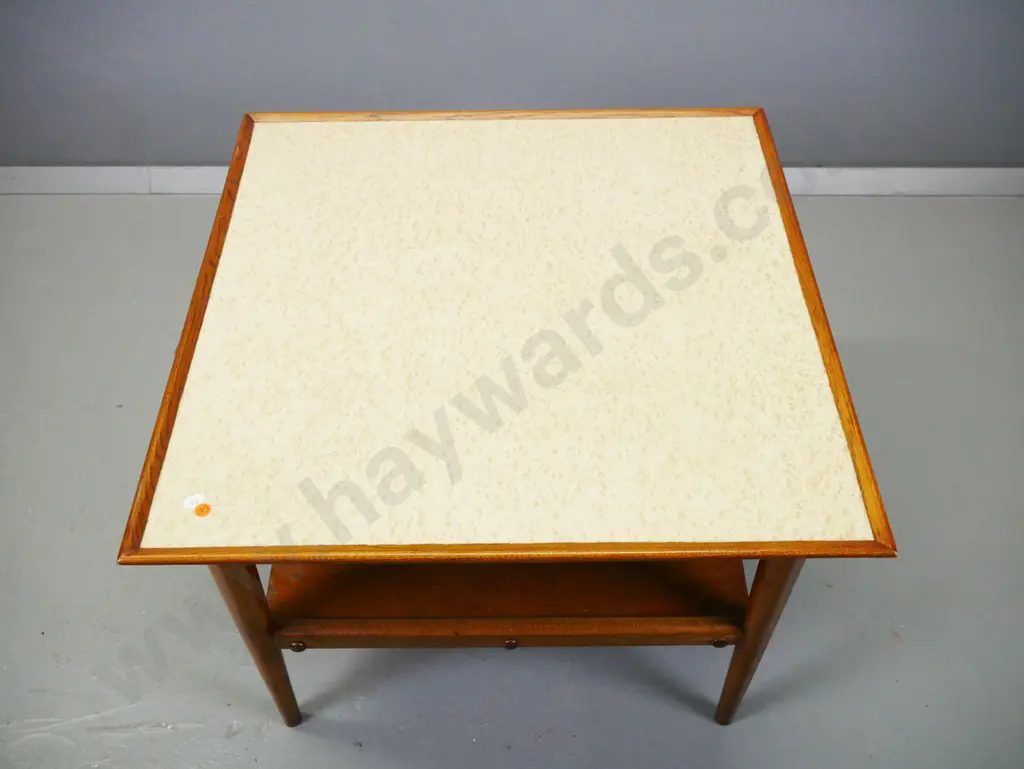mid-century oak square coffee table with formica insert top and shelf, on turned legs H-480 W-650 D-650 Image 1++