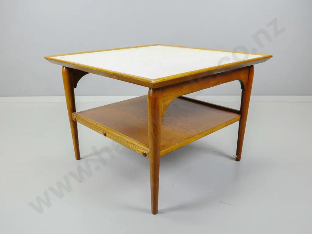 mid-century oak square coffee table with formica insert top and shelf, on turned legs H-480 W-650 D-650 Image 1++