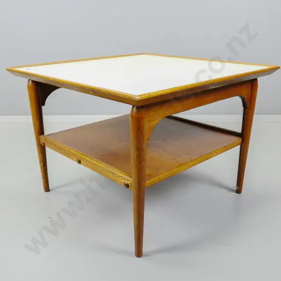mid-century oak square coffee table with formica insert top and shelf, on turned legs H-480 W-650 D-650