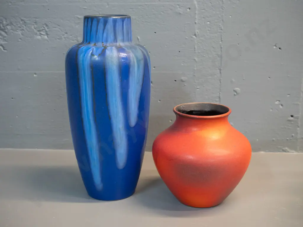 2 German pottery vases - taller blue H-310 has spots of glaze damage Image 1++