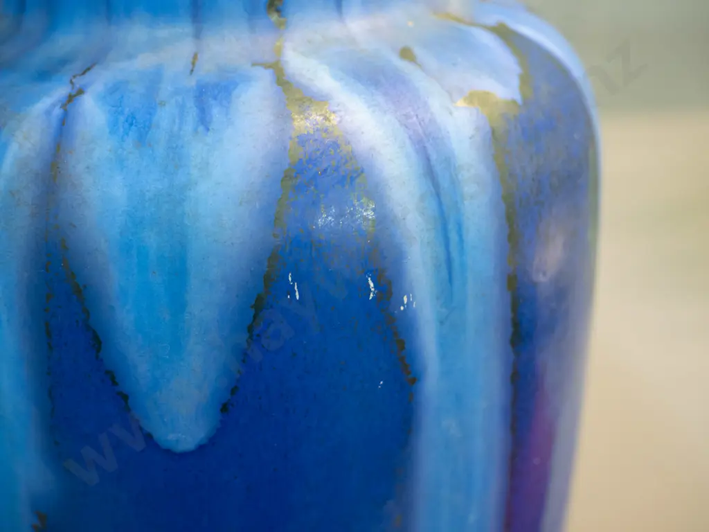2 German pottery vases - taller blue H-310 has spots of glaze damage Image 1++