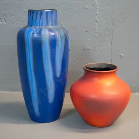 2 German pottery vases - taller blue H-310 has spots of glaze damage
