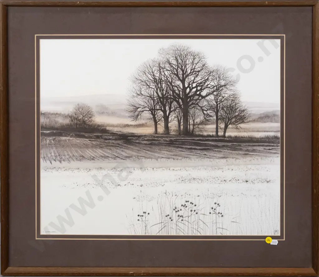 framed Kathleen Caddick print - landscape field & trees (framed needs attention) H-430 W-520 Image 1++