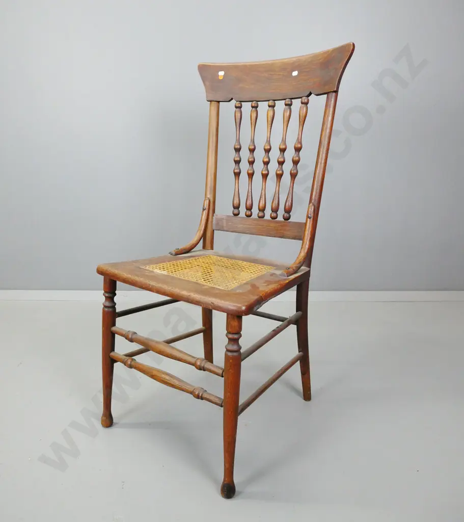 vintage oak spindle-back dining chair with woven cane seat, turned stretcher base H-980 W-460 D-425 Image 1++