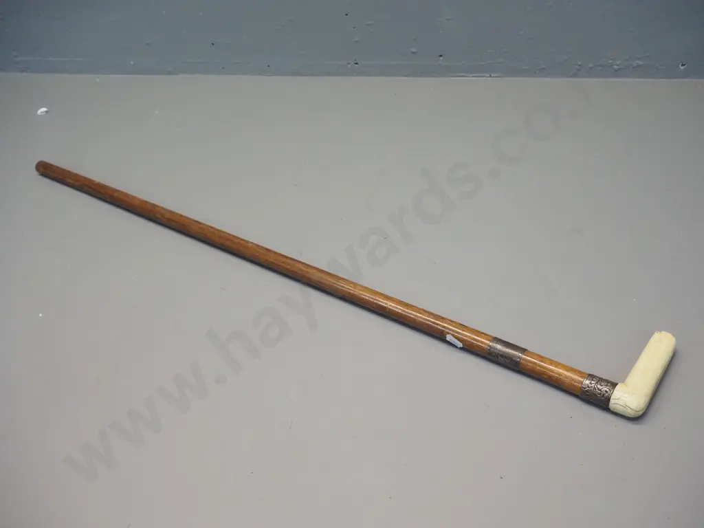 walking stick with (sterling silver? hallmarks very worn) collars and bone handle L-800 Image 1++