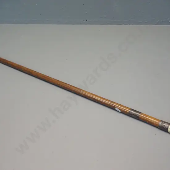 walking stick with (sterling silver? hallmarks very worn) collars and bone handle L-800