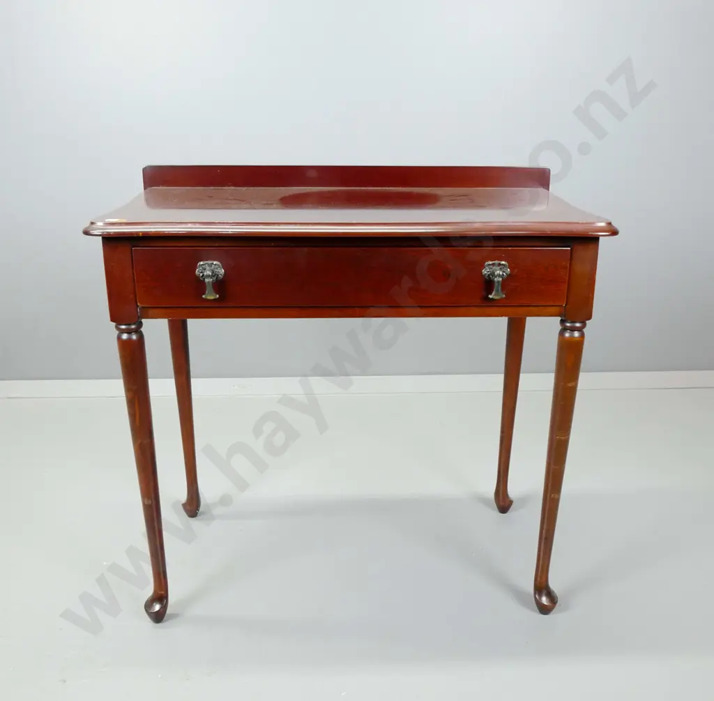 reproduction mahogany side table with single drawer, turned legs and pad feet. H-690 W-720 D-390 Image 1++