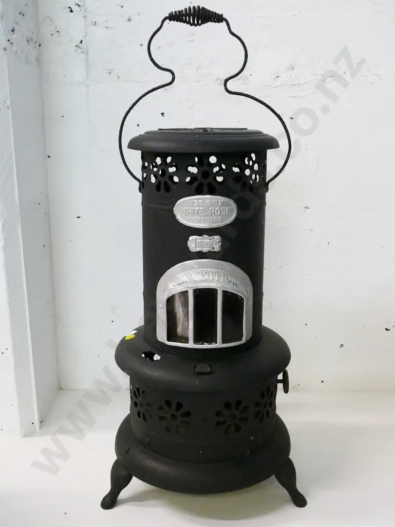 Perfection portable kerosene stove, metal 'Use Only White Rose Kerosene' plaque, repainted H-480 w/handle down Image 1++