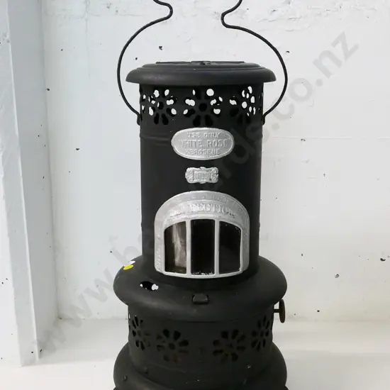Perfection portable kerosene stove, metal 'Use Only White Rose Kerosene' plaque, repainted H-480 w/handle down