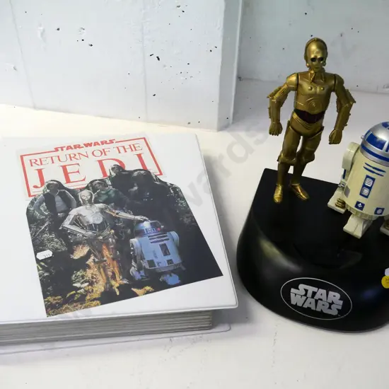 Star Wars items - C3PO and R2D2 money box (working condition unknown) H-280 and a binder of magazine pages
