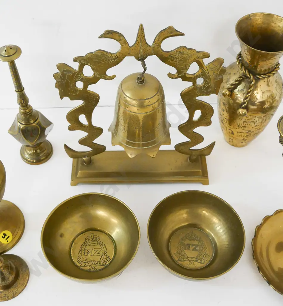 assorted brass items including Chinese bell & frame, 2 Egyptian theme dishes with NZF etching added, etc. Image 1++
