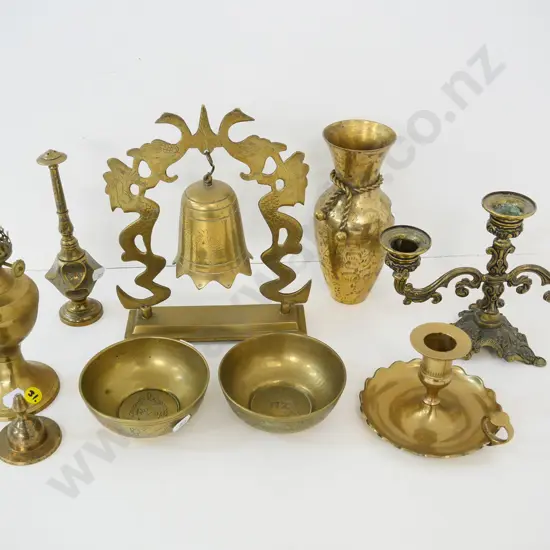 assorted brass items including Chinese bell & frame, 2 Egyptian theme dishes with NZF etching added, etc.