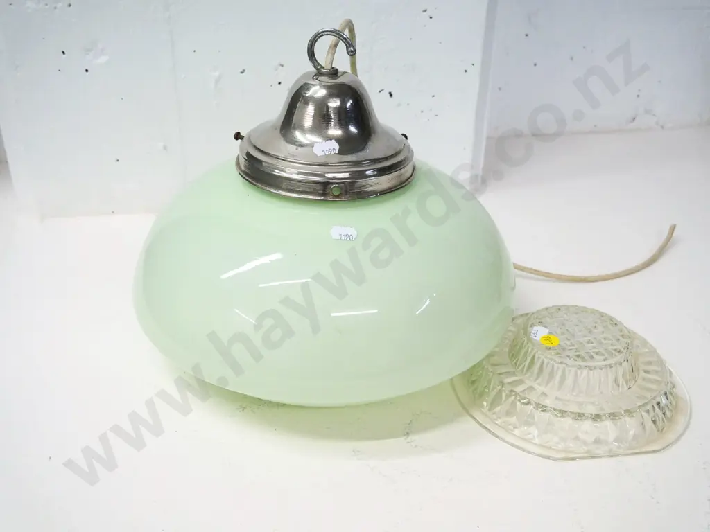 retro opaque green glass hanging light shade with chrome journal, moulded glass insert H-320 Diameter 300 Image 1++