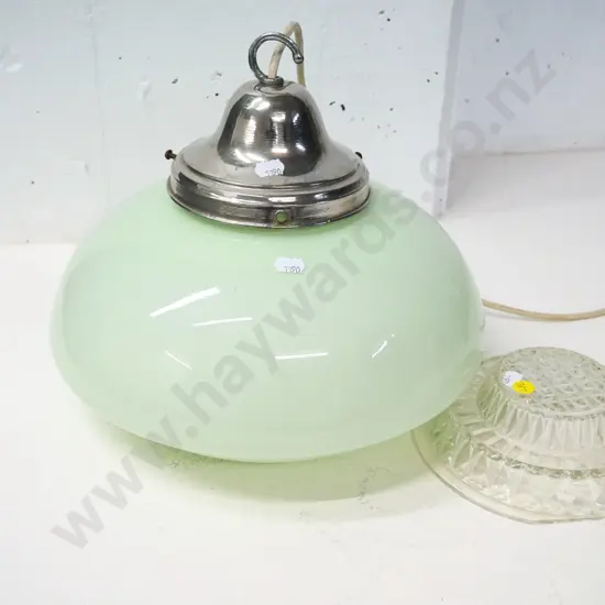 retro opaque green glass hanging light shade with chrome journal, moulded glass insert H-320 Diameter 300
