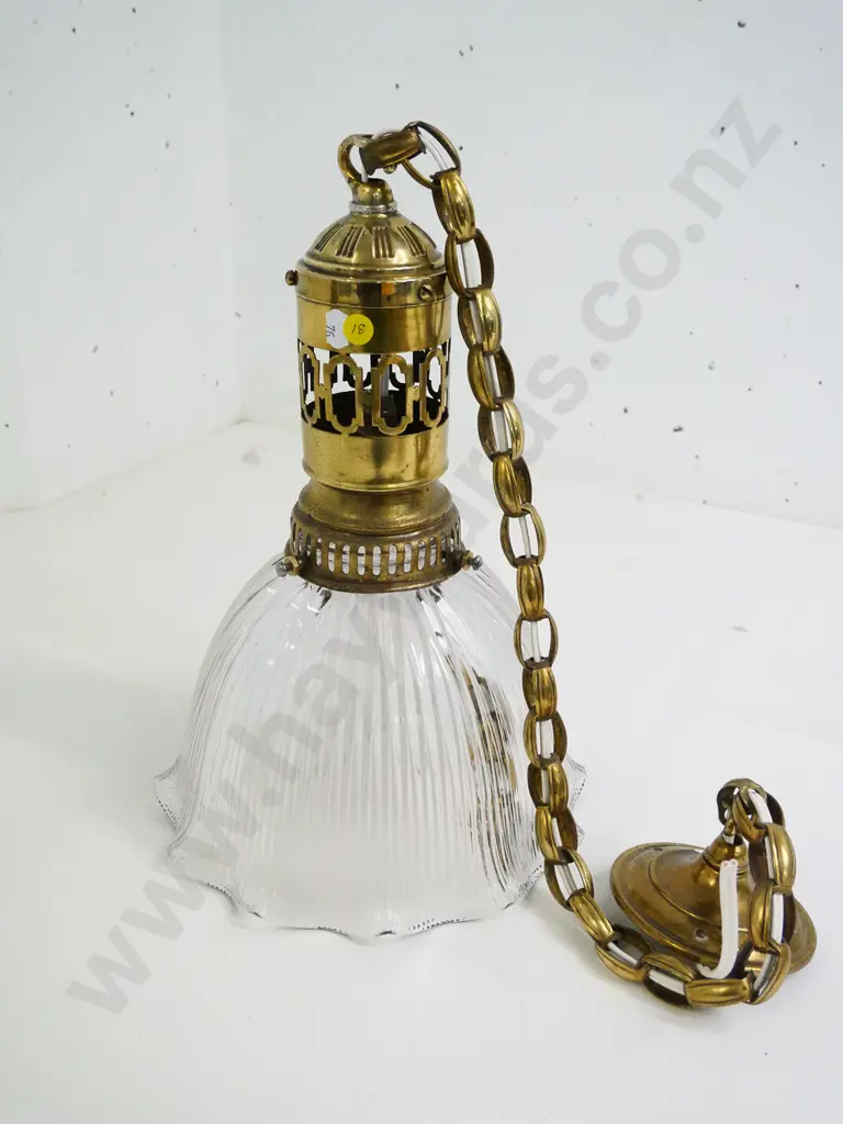 heavy ribbed clear glass ceiling light fitting with brass fitting and chain H-390 Diameter 290 Image 1++