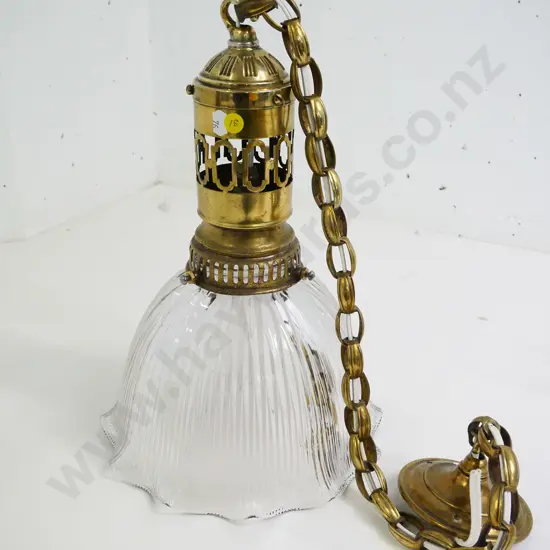heavy ribbed clear glass ceiling light fitting with brass fitting and chain H-390 Diameter 290
