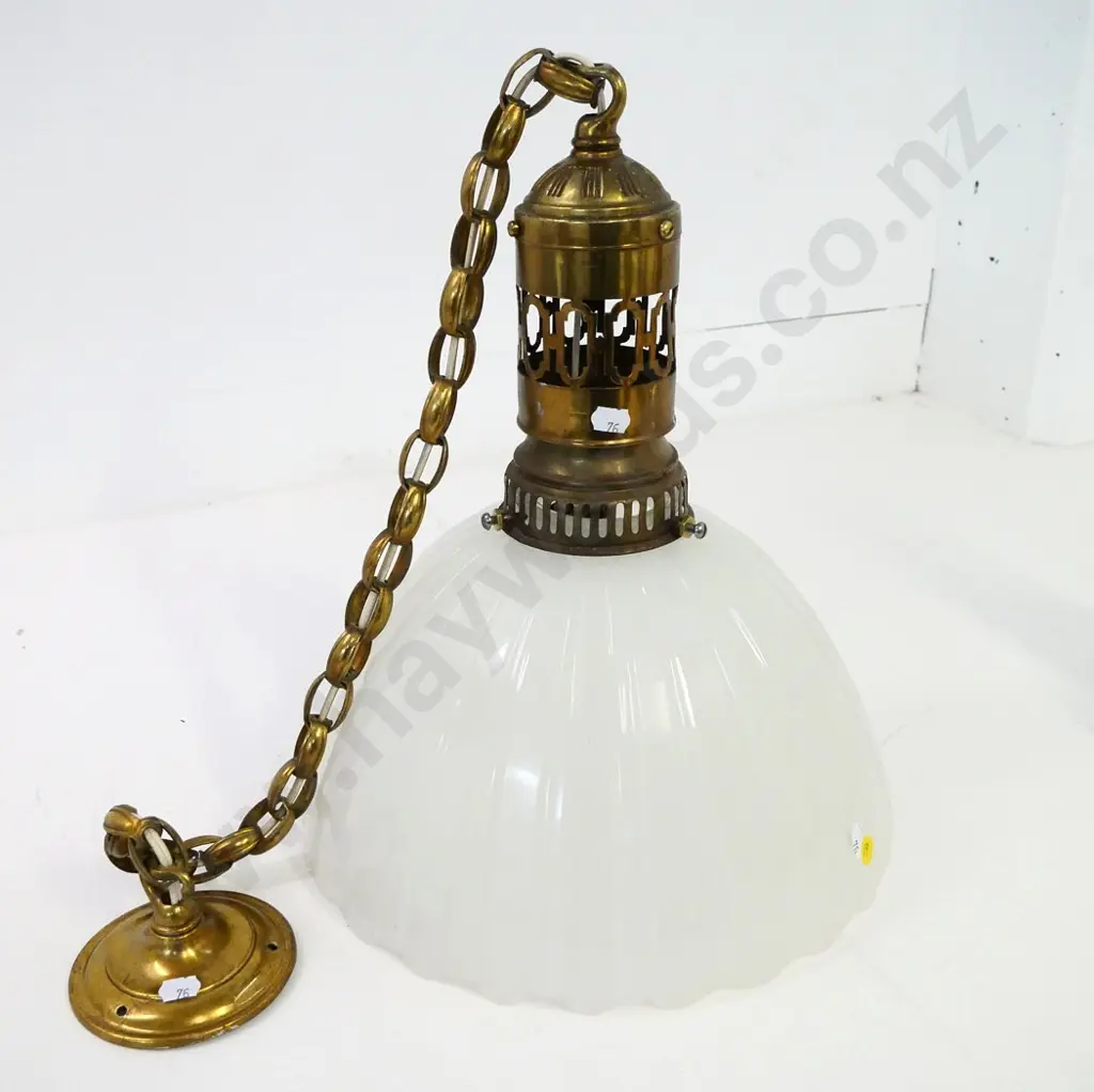 heavy ribbed opaque glass ceiling light fitting with brass fitting and chain H-400 Diameter 330 Image 1++