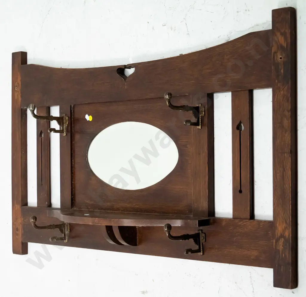 deco oak wall-mount coat rack w/ oval bevelled mirror, 4 cast metal hooks, shelf, 2 fixing holes H-590 W-1010 Image 1++