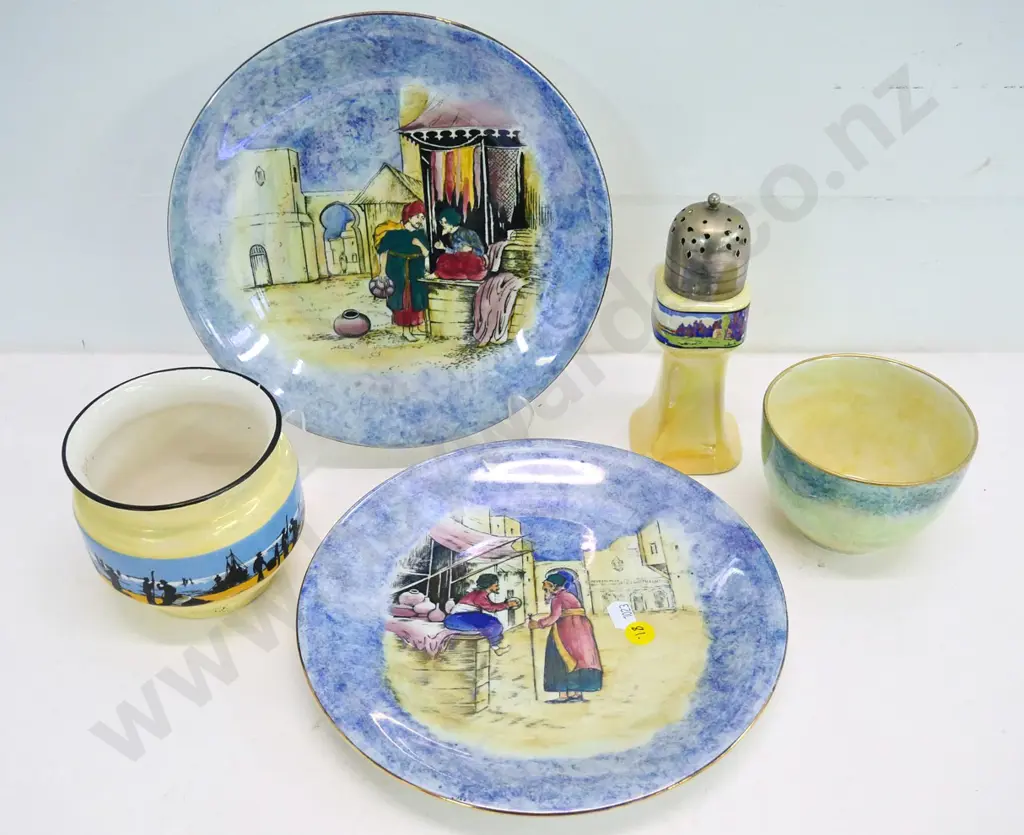 lustre china items - 2 Grimwades Glimpses of the East plates, Byzanta bowl, L & Sons caster shaker (EPNS top) and bowl Image 1++