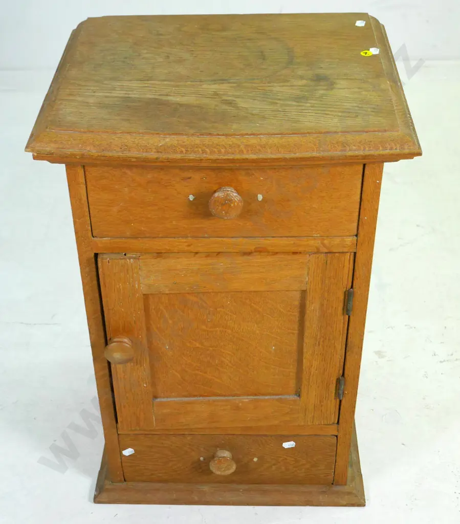 vintage oak pot cupboard with 2 drawers, wooden handles - split to top, wear to finish H-620 W-410 D-360 Image 1++