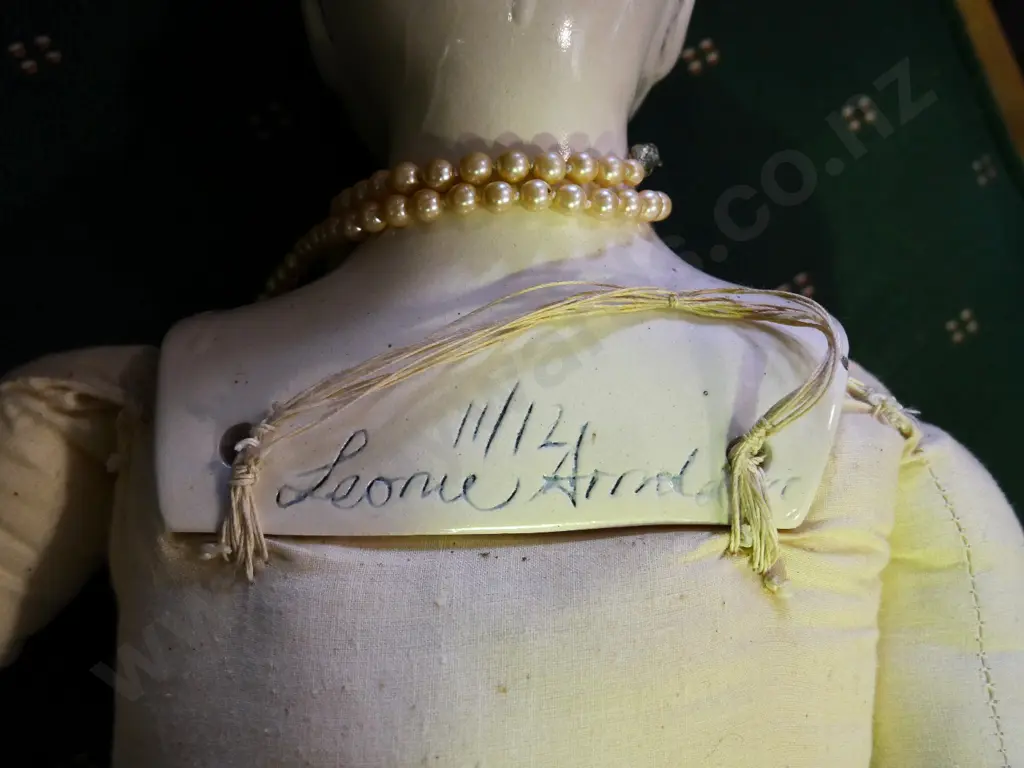 Leonie Arnold doll, marked 11/12 - large fabric and porcelain doll with chrome finish 'boots' & pearl necklace H-1020 Image 1++